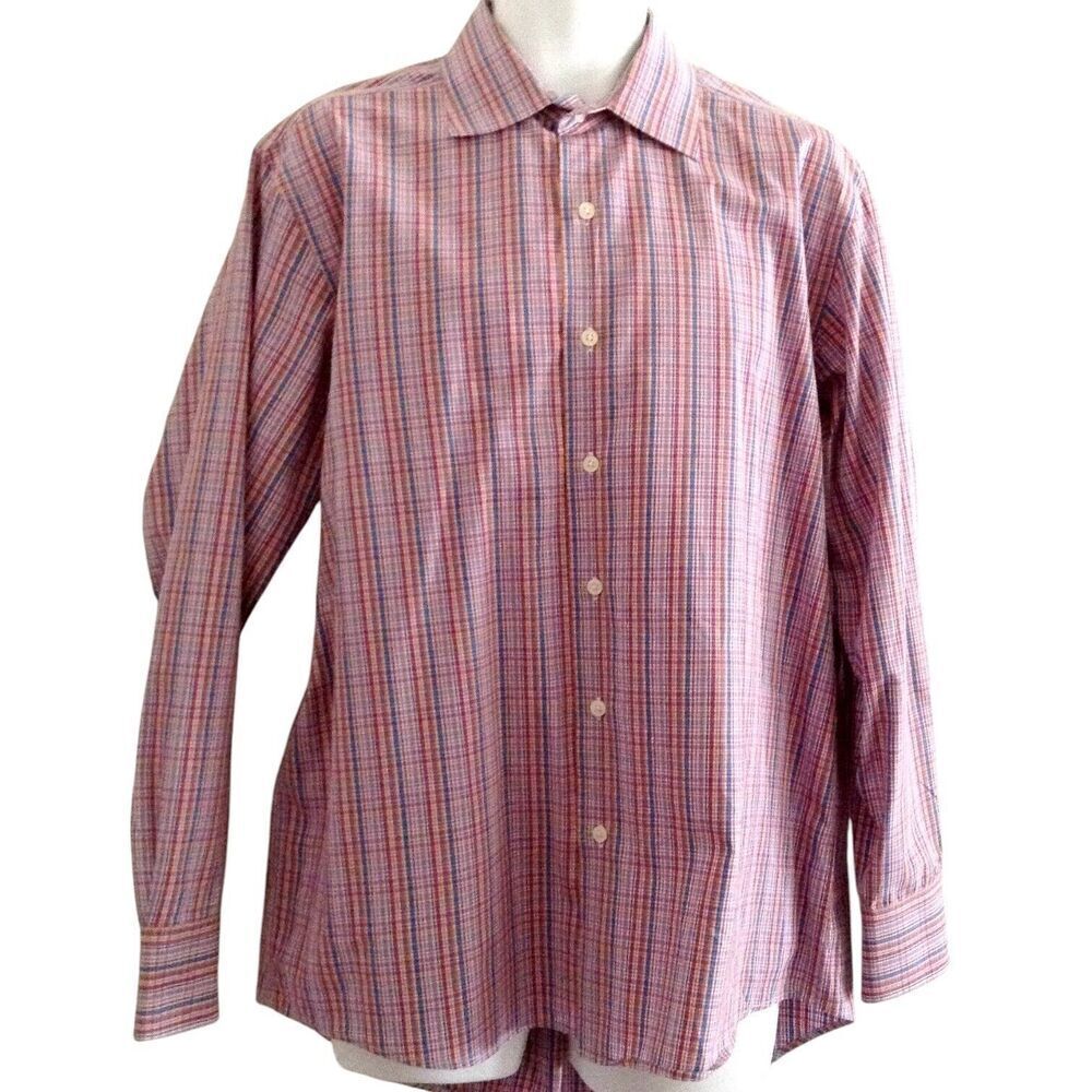 Neiman Marcus Shirt Men's Large Plaid Lavender Blue Orange Date Night